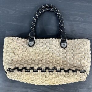 Brighton Peggy Woven Jute Straw Bag with Braided Leather Black Handle Vintage